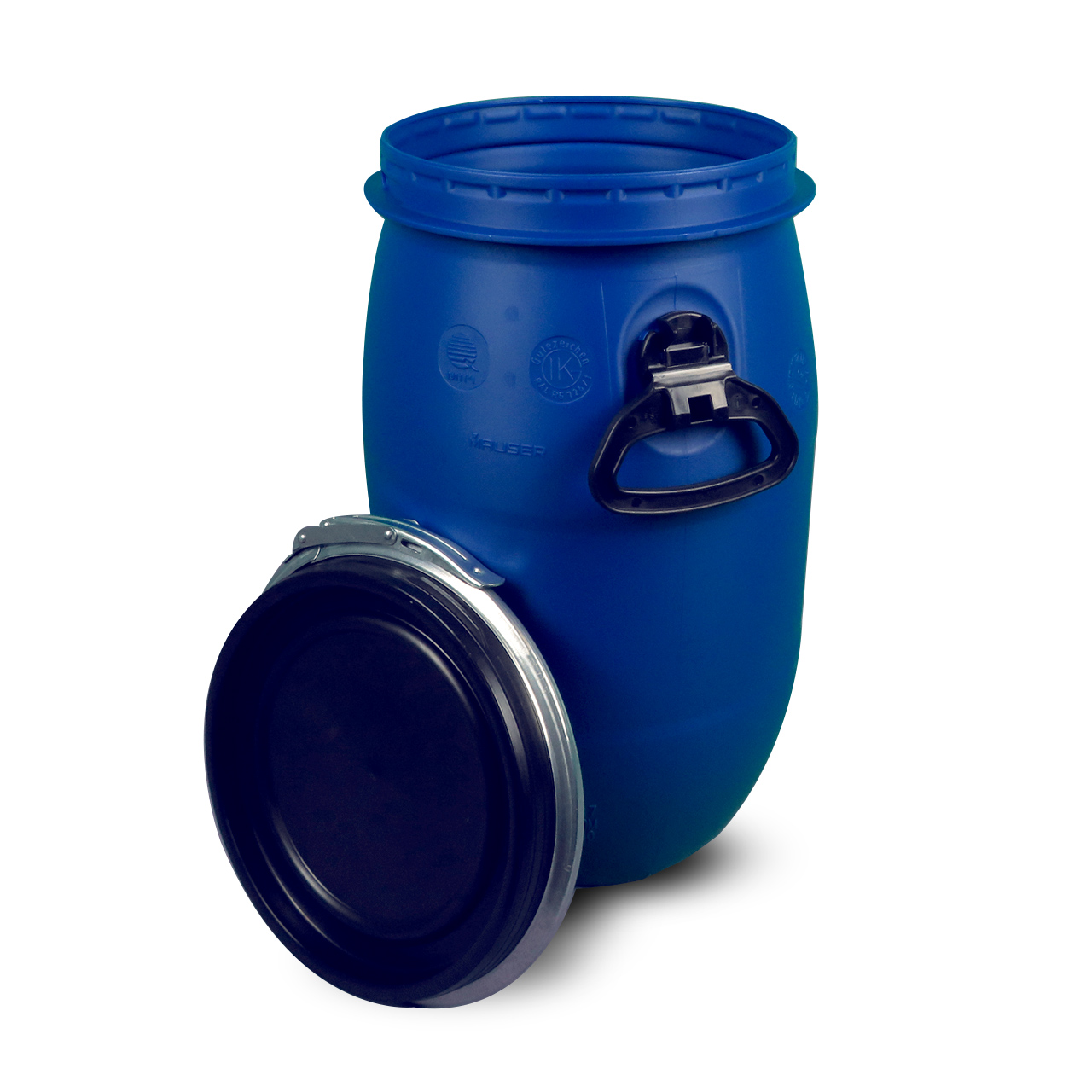 2 x 60 Liter blau gebraucht Kunststofffass Plastiktonne Plastefass Deckelfass. 